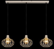 Hanglamp met drie lampen en moderne, open lampenkappen van metaal met een draadachtige look, gezien van voren.