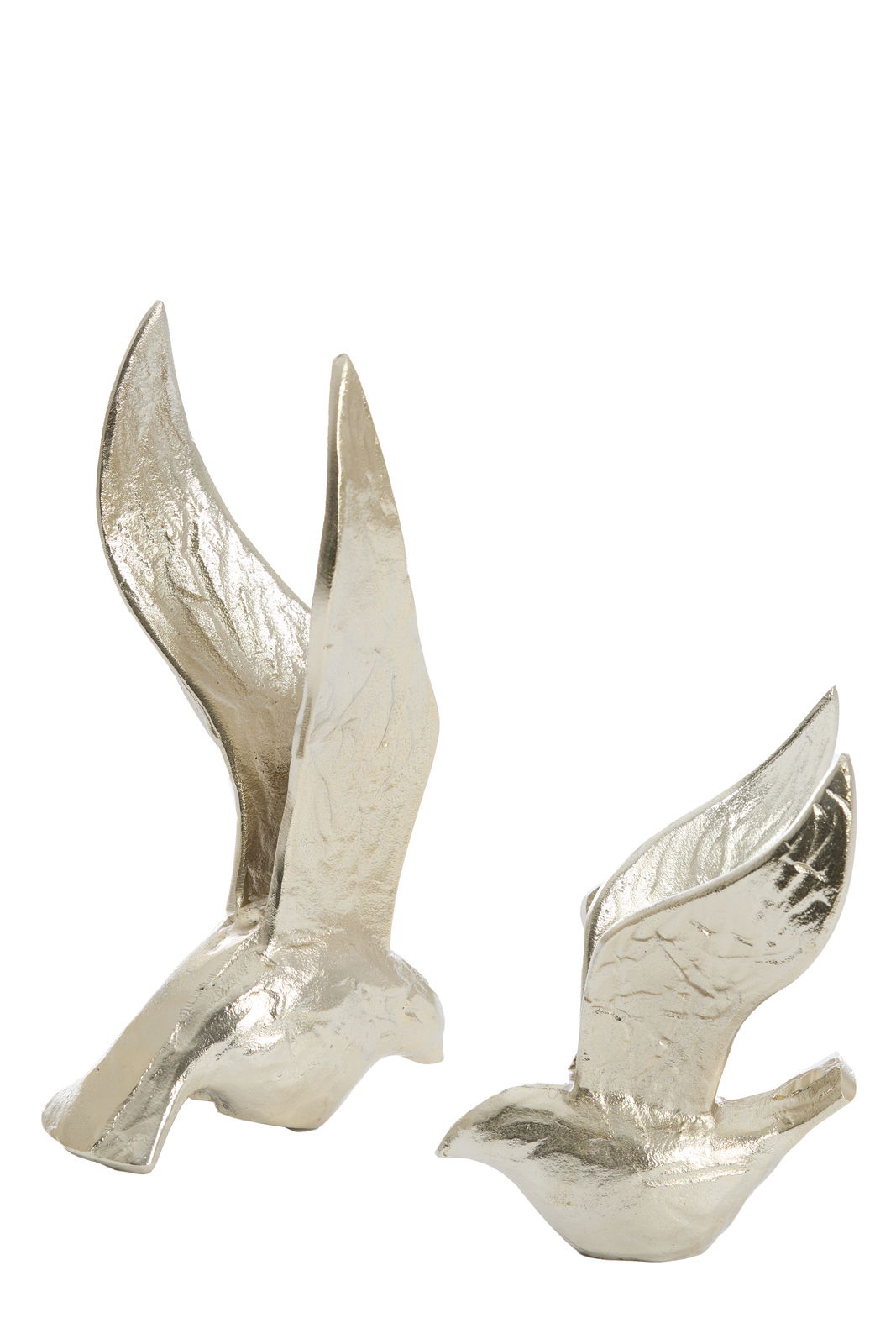 Zwei silberne Vogel-Ornamente in Flugposition, von der Seite betrachtet.