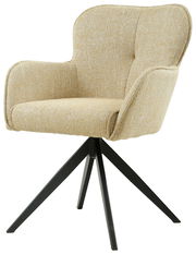 Beiger Armlehnstuhl mit schwarzem Metallgestell, seitliche Perspektive