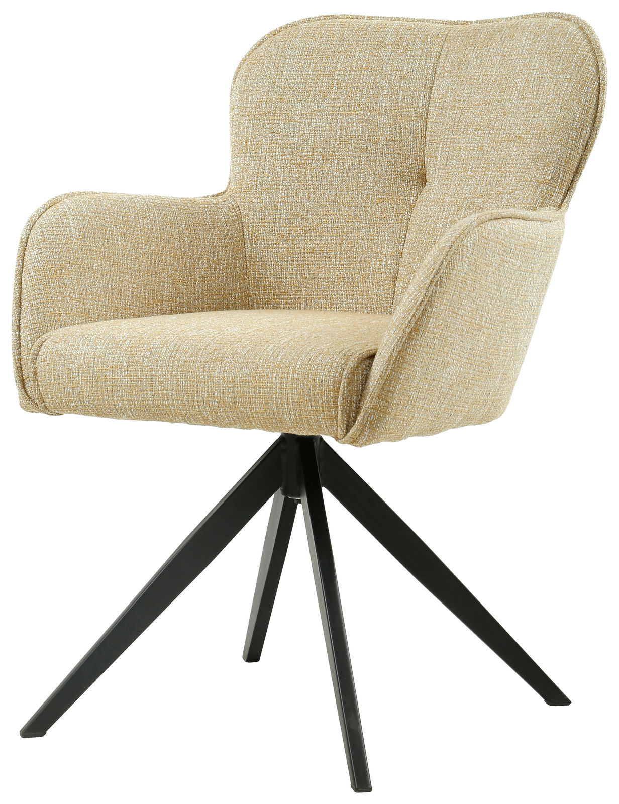 Beiger Armlehnstuhl mit schwarzem Metallgestell, seitliche Perspektive