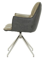 Seitliche Ansicht des Novel Sessels OSAKA 3.0 mit grauem Stoffbezug und beigem Leder, auf einem stabilen Metallgestell.