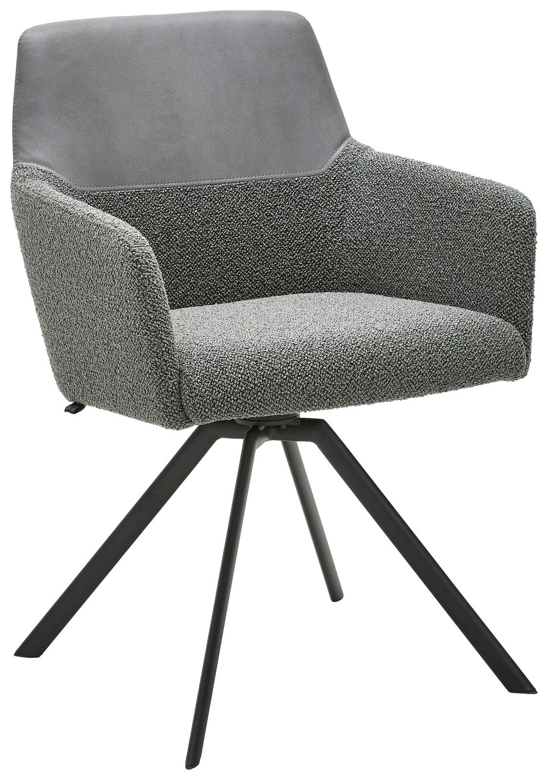 Moderner grauer Sessel mit gepolstertem Sitz und Rückenlehne, auf schwarzem Metallgestell, seitliche Perspektive