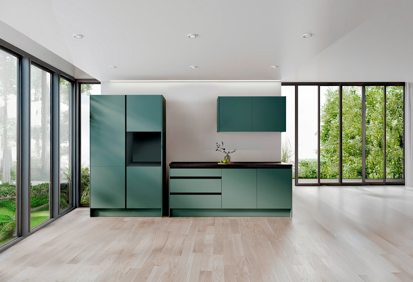 Moderne grüne Küchenzeile mit Schränken und Arbeitsplatte, frontal betrachtet, in einem hellen Raum mit großen Fenstern.