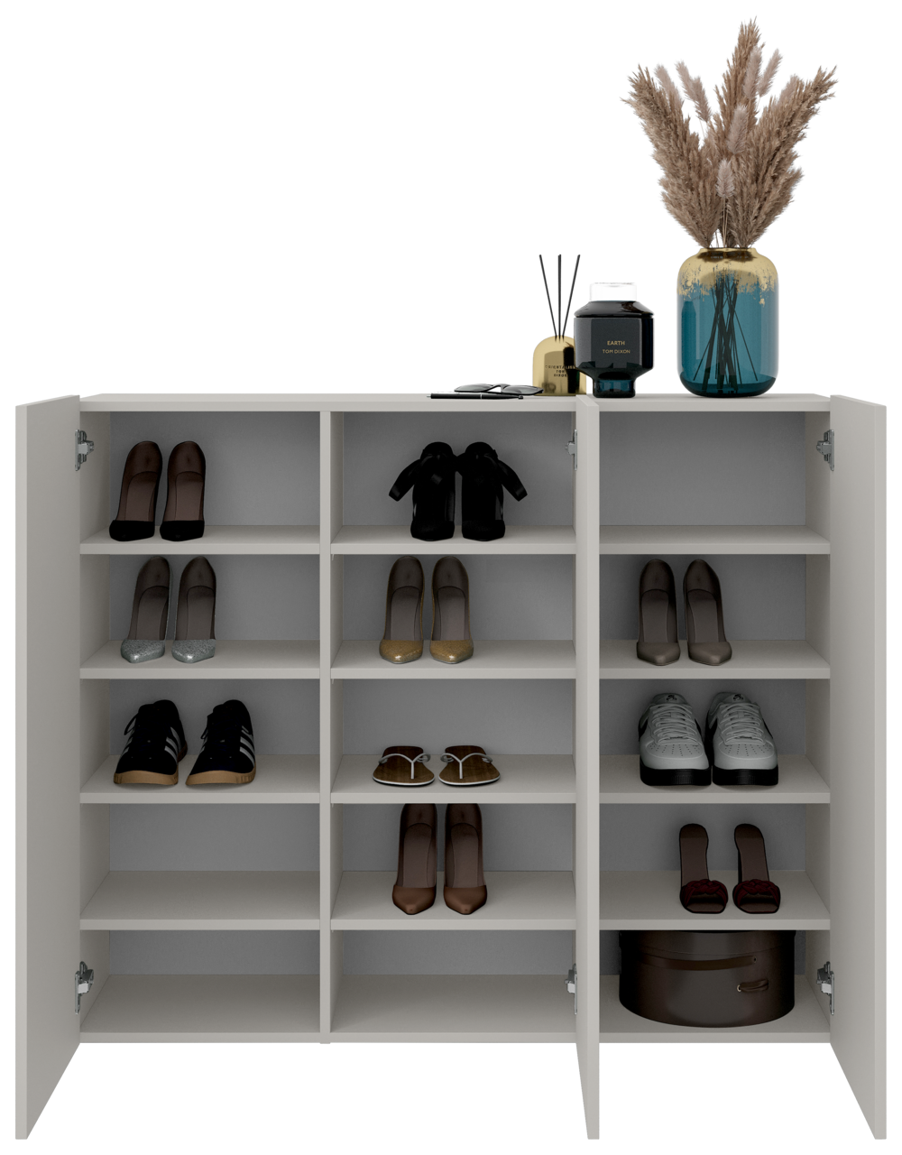 Frontale Ansicht eines Hängeschuhschranks mit offenen Türen, gefüllt mit verschiedenen Schuhen und dekorativen Gegenständen auf der Oberseite.