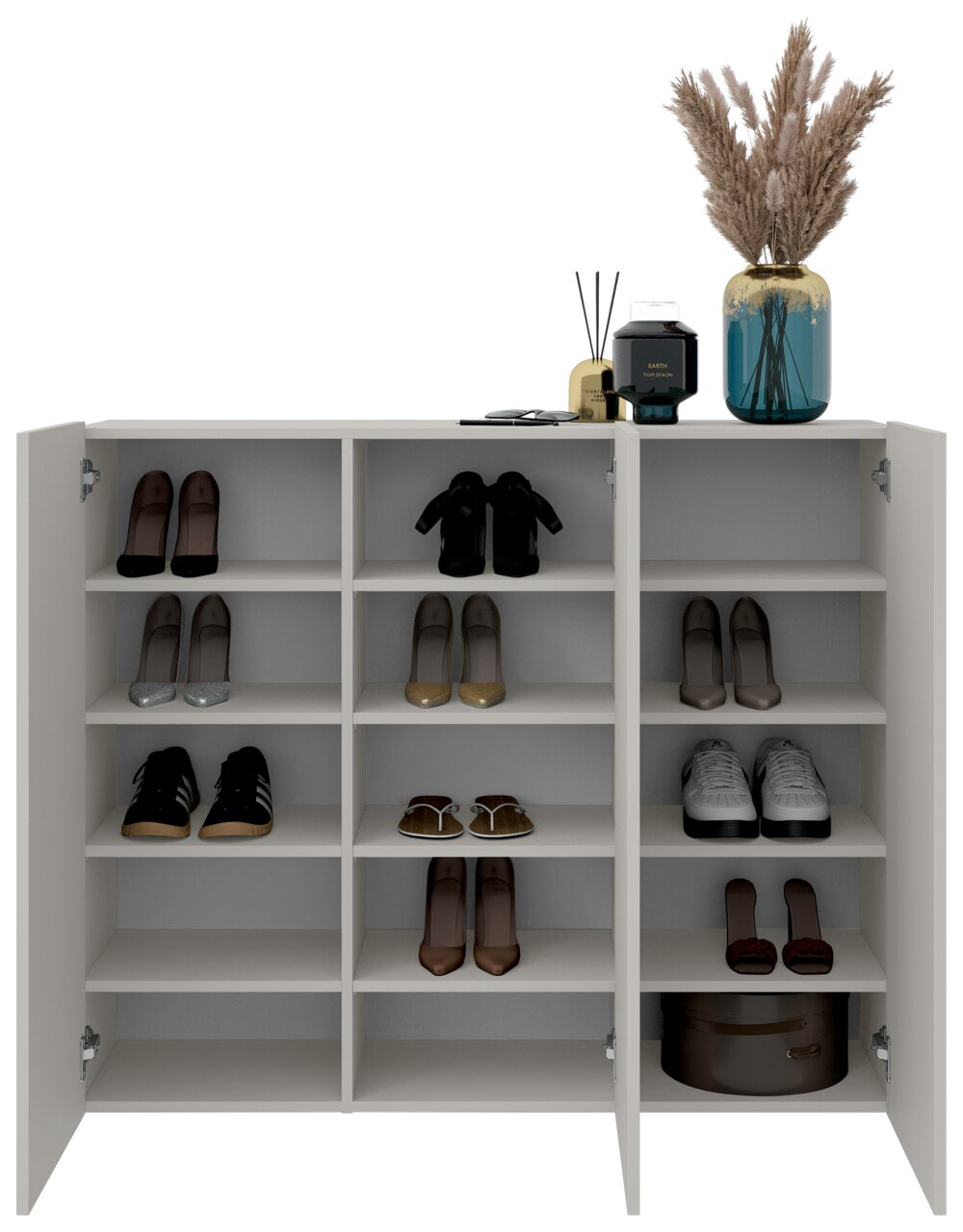 Vooraanzicht van een hangende schoenenkast met open deuren, gevuld met diverse schoenen en decoratieve voorwerpen op de bovenkant.