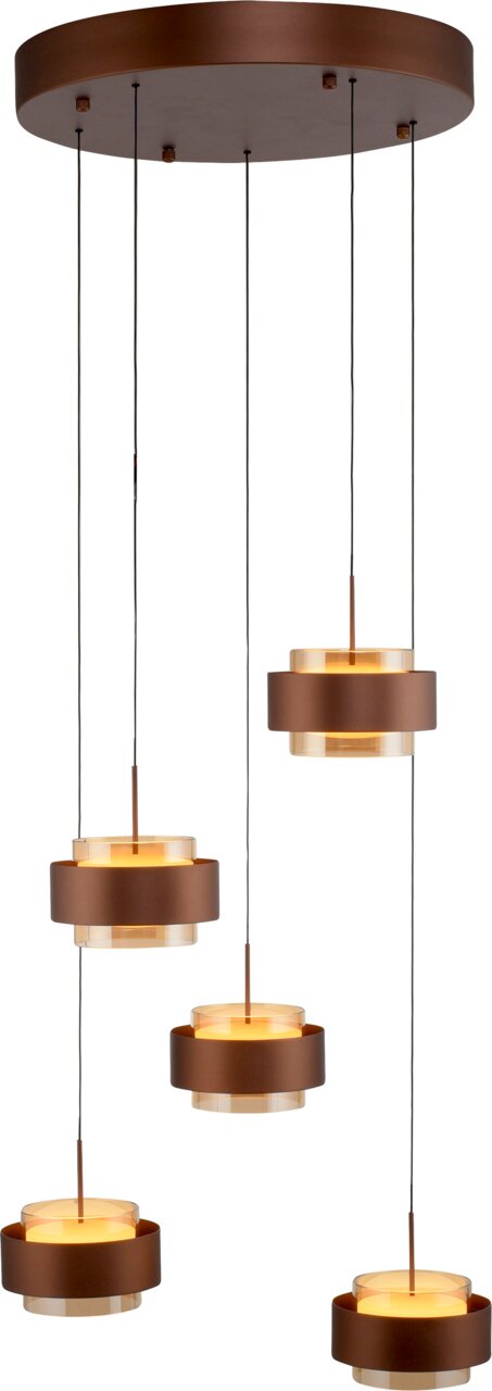 Moderne LED-Hängeleuchte mit fünf runden, bronzefarbenen Lampenschirmen in verschiedenen Höhen, von unten betrachtet.