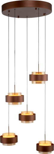 Moderne LED-hanglamp met vijf ronde, bronskleurige lampenkappen op verschillende hoogtes, gezien van onderaf.