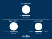 Infografik mit Draufsicht und Seitenansicht von Dessertteller (Ø 20,5 cm, Höhe 2 cm), Speiseteller (Ø 25 cm, Höhe 2,5 cm) und Suppenteller (Ø 21 cm, Höhe 4 cm, 450 ml) vor blauem Hintergrund.