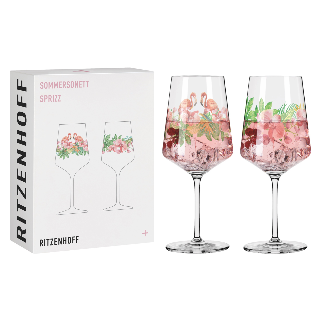 Zwei elegante Weingläser mit floralen und Flamingo-Motiven, präsentiert in einer stilvollen Verpackung. Frontalansicht.