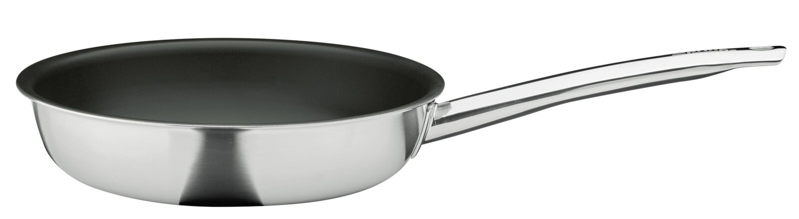 Spring Koekenpan XL 28 cm BRIGADE ULTIMATE Roestvrijstalen koekenpan met zwarte antiaanbaklaag en lange metalen steel, zijaanzicht op witte achtergrond