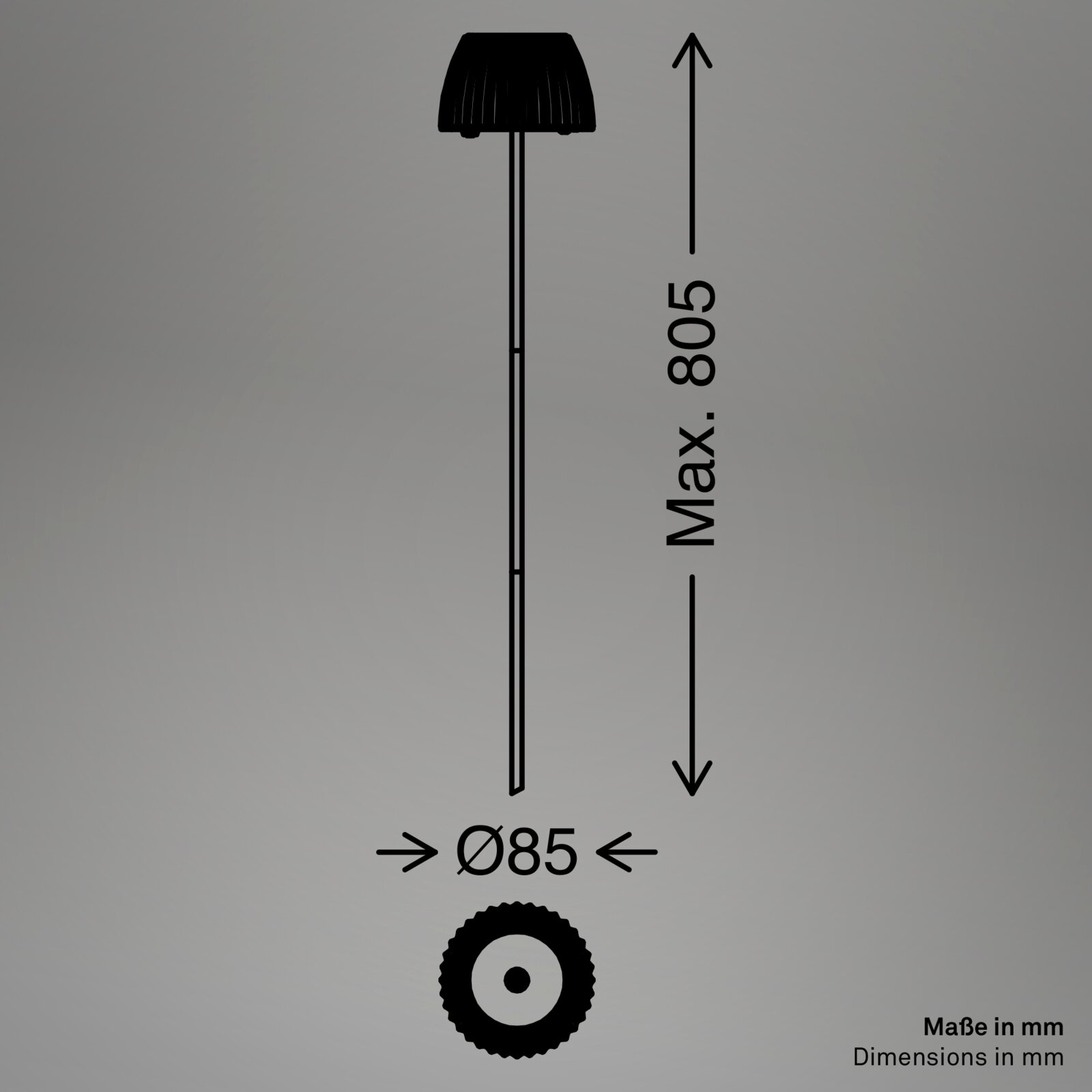 Technische Seitenansicht einer schwarzen Gartenfackel/Wegeleuchte mit geriffeltem Kopf, maximale Höhe 805 mm und Durchmesser 85 mm (Maße in mm)