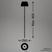 Technische Seitenansicht einer schwarzen Gartenfackel/Wegeleuchte mit geriffeltem Kopf, maximale Höhe 805 mm und Durchmesser 85 mm (Maße in mm)