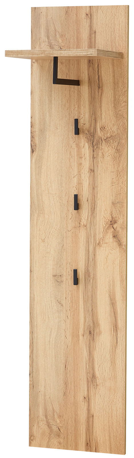 XORA Garderobenpaneel lang SPARKS Garderobenpaneel aus Holz mit drei schwarzen Haken und einem Regalbrett, seitliche Perspektive