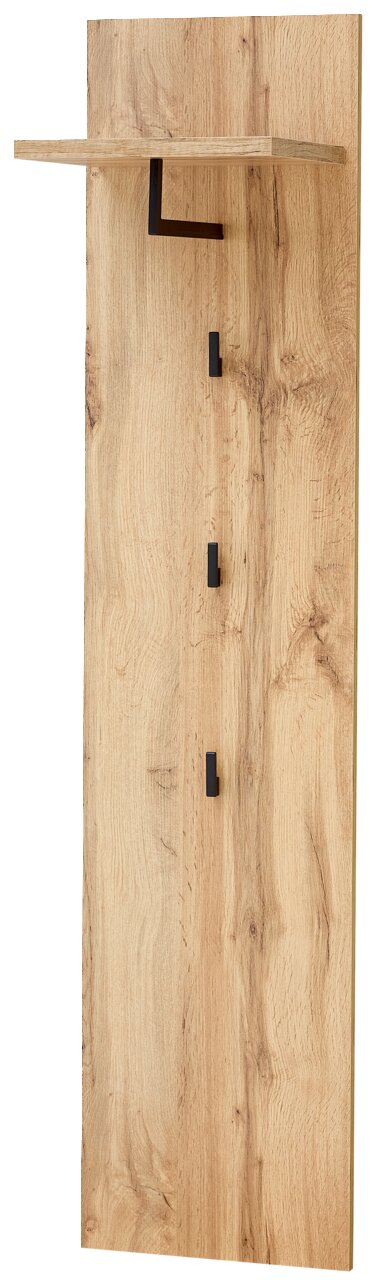 XORA Garderobenpaneel lang SPARKS Garderobenpaneel aus Holz mit drei schwarzen Haken und einem Regalbrett, seitliche Perspektive