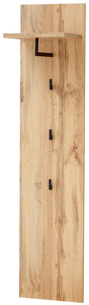 Garderobenpaneel aus Holz mit drei schwarzen Haken und einem Regalbrett, seitliche Perspektive