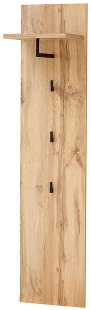 Garderobenpaneel aus Holz mit drei schwarzen Haken und einem Regalbrett, seitliche Perspektive