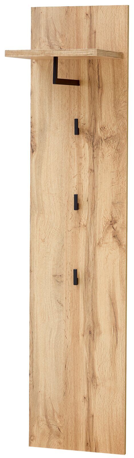 Garderobenpaneel aus Holz mit drei schwarzen Haken und einem Regalbrett, seitliche Perspektive