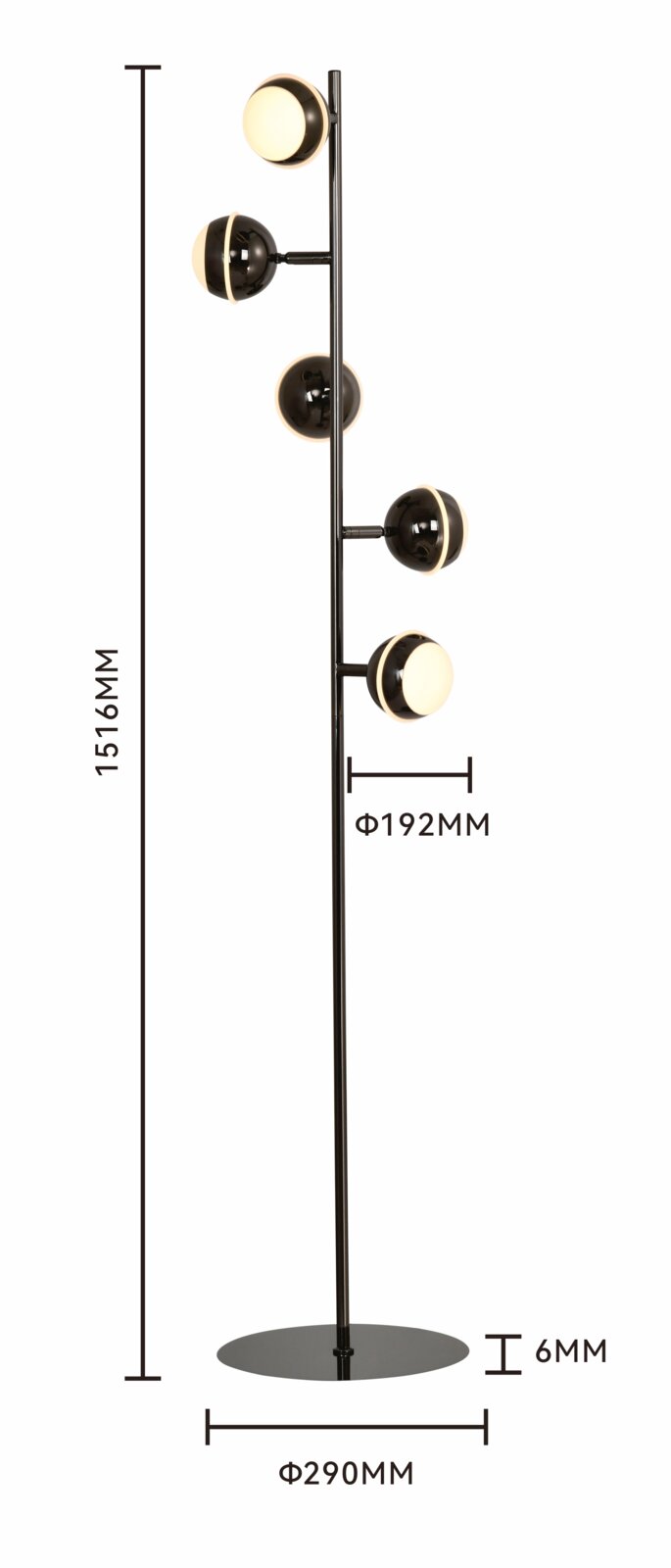 Vooraanzicht van een moderne zwarte vloerlamp met vijf bolvormige lichtkoppen, 1516 mm hoog, met een ronde voet van Ø 290 mm.
