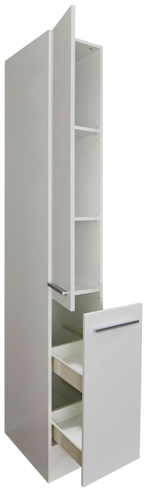 Weißer Apothekerschrank mit geöffneten Türen und Schubladen, seitliche Perspektive