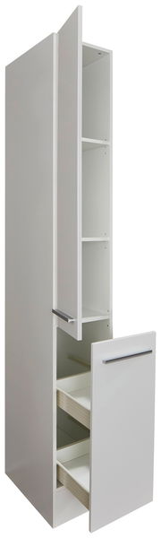 Weißer Apothekerschrank mit geöffneten Türen und Schubladen, seitliche Perspektive