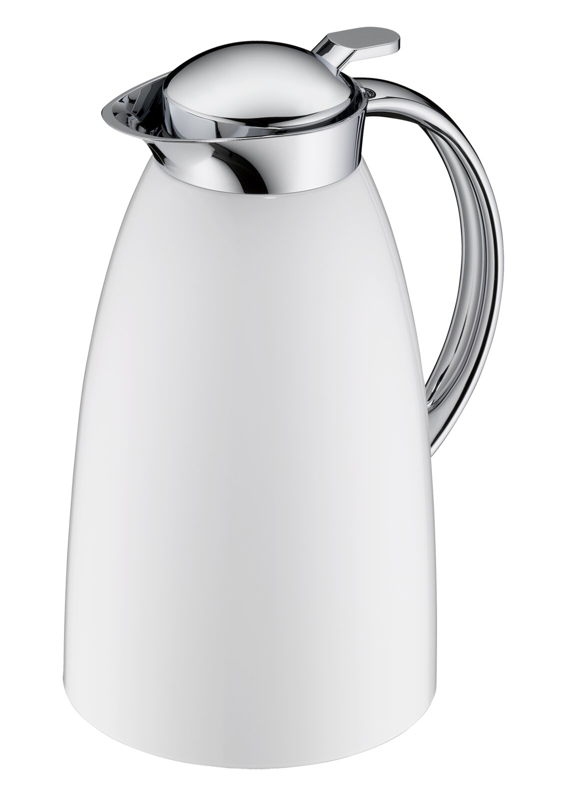 Weiße Isolierkanne/Thermoskanne mit glänzendem Edelstahl-Deckel und ergonomischem Griff, freigestellt vor schwarzem Hintergrund, perspektivisch in leichter Schrägansicht von vorn (3/4-Ansicht)