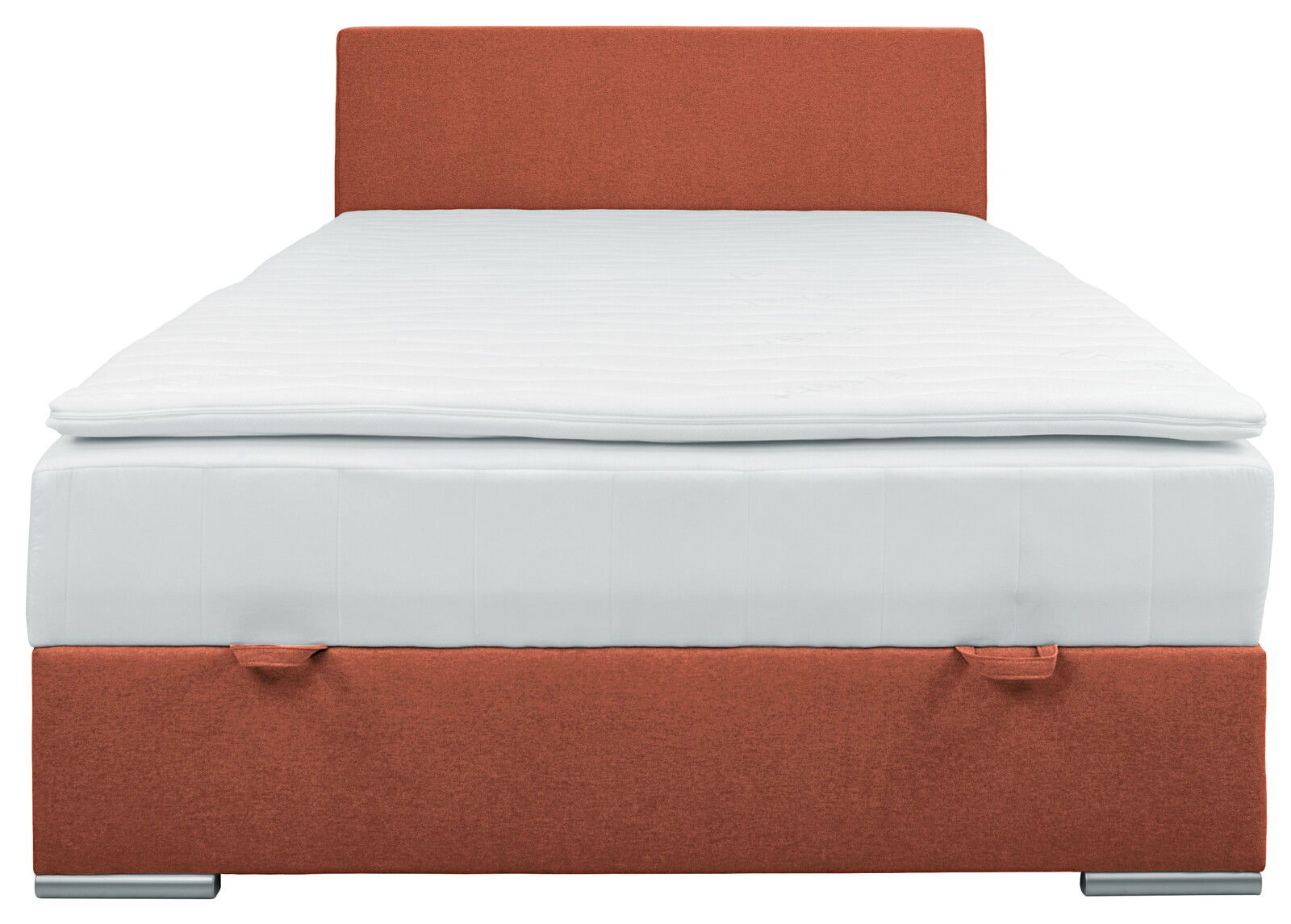 Boxbett 140 in Frontalansicht mit orangefarbenem Kopfteil und weißer Matratze