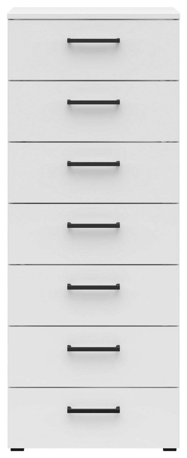 Weiße Kommode mit sieben Schubladen und schwarzen Griffen, frontale Ansicht