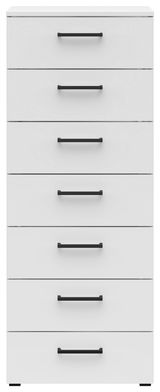 Weiße Kommode mit sieben Schubladen und schwarzen Griffen, frontale Ansicht