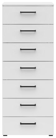 Weiße Kommode mit sieben Schubladen und schwarzen Griffen, frontale Ansicht