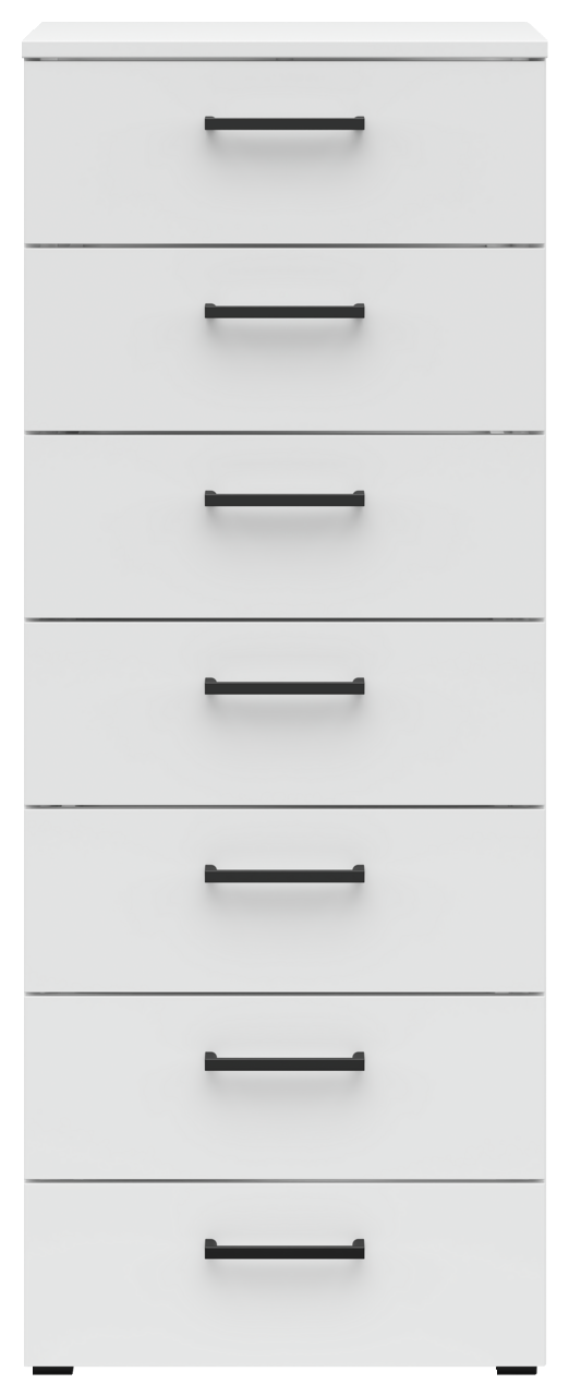 Weiße Kommode mit sieben Schubladen und schwarzen Griffen, frontale Ansicht
