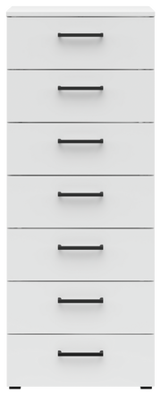Weiße Kommode mit sieben Schubladen und schwarzen Griffen, frontale Ansicht