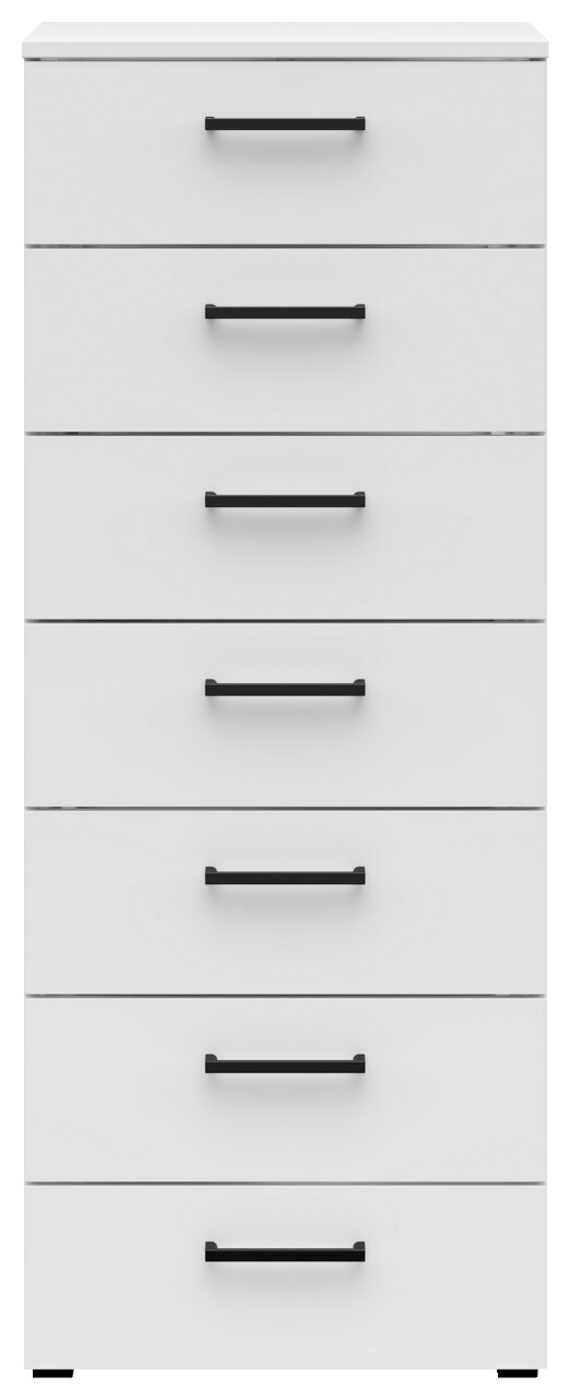Weiße Kommode mit sieben Schubladen und schwarzen Griffen, frontale Ansicht