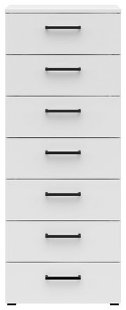 Weiße Kommode mit sieben Schubladen und schwarzen Griffen, frontale Ansicht