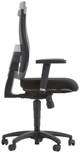 Seitenansicht eines ergonomischen Drehstuhls mit verstellbarer Rückenlehne und Armlehnen, schwarzer Polsterung und fünf Rollen.