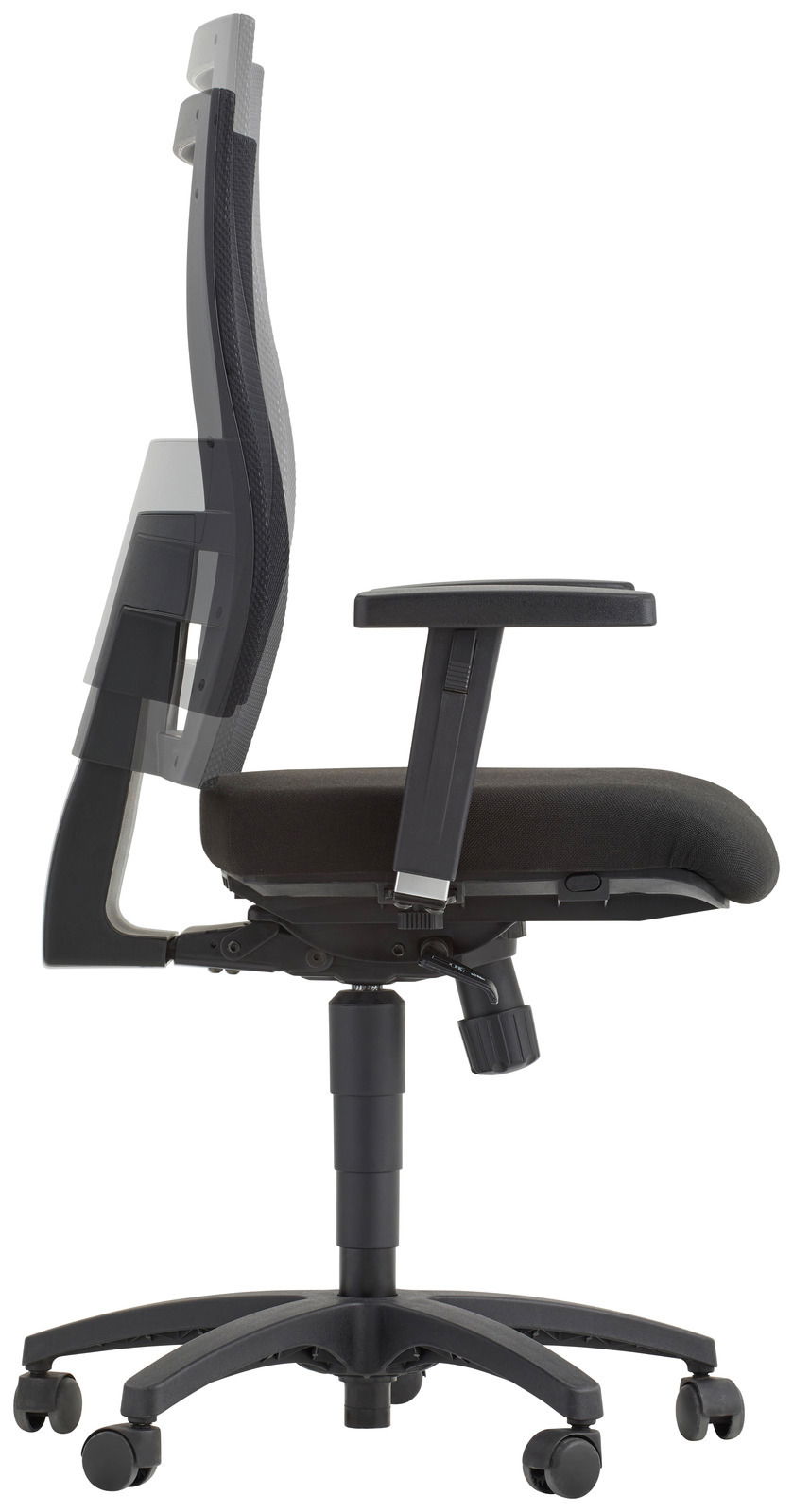 Seitenansicht eines ergonomischen Drehstuhls mit verstellbarer Rückenlehne und Armlehnen, schwarzer Polsterung und fünf Rollen.