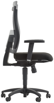 Seitenansicht eines ergonomischen Drehstuhls mit verstellbarer Rückenlehne und Armlehnen, schwarzer Polsterung und fünf Rollen.