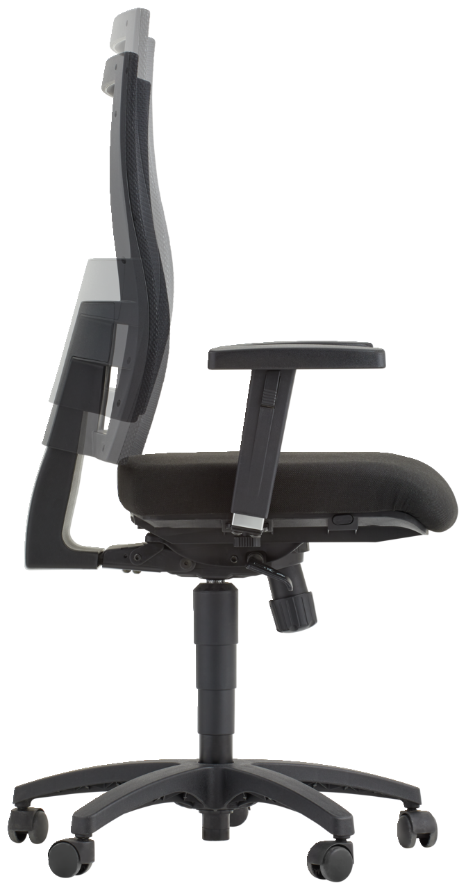 Seitenansicht eines ergonomischen Drehstuhls mit verstellbarer Rückenlehne und Armlehnen, schwarzer Polsterung und fünf Rollen.