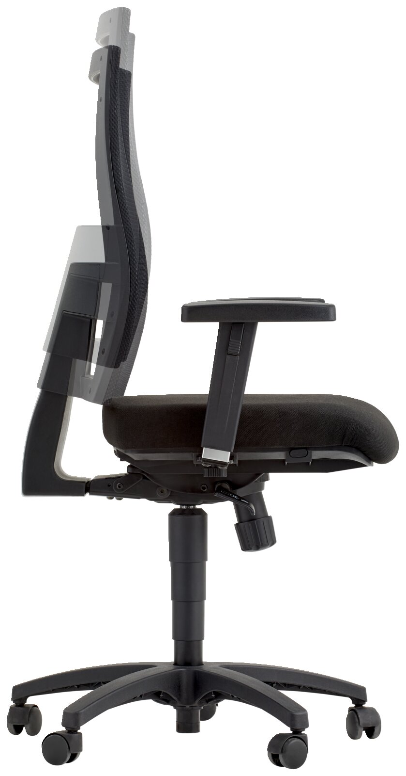 Zijaanzicht van een ergonomische draaistoel met verstelbare rugleuning en armleuningen, zwarte bekleding en vijf wieltjes.