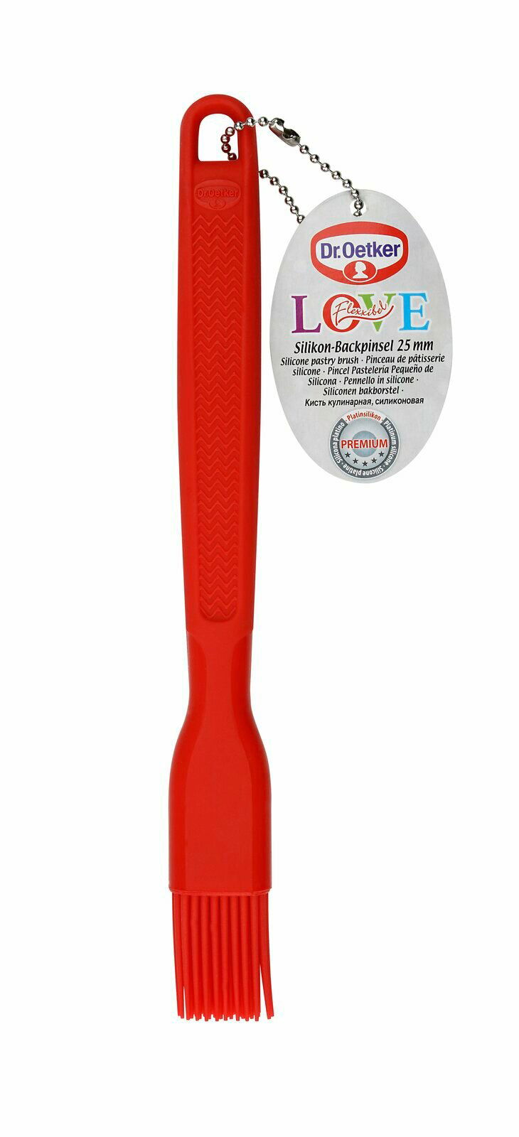 Roter Silikon-Backpinsel 25mm von Dr. Oetker, frontal abgebildet mit Etikett.