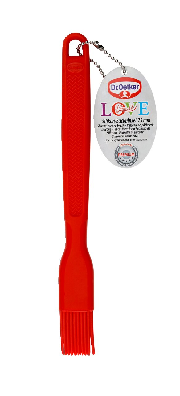 Roter Silikon-Backpinsel 25mm von Dr. Oetker, frontal abgebildet mit Etikett.