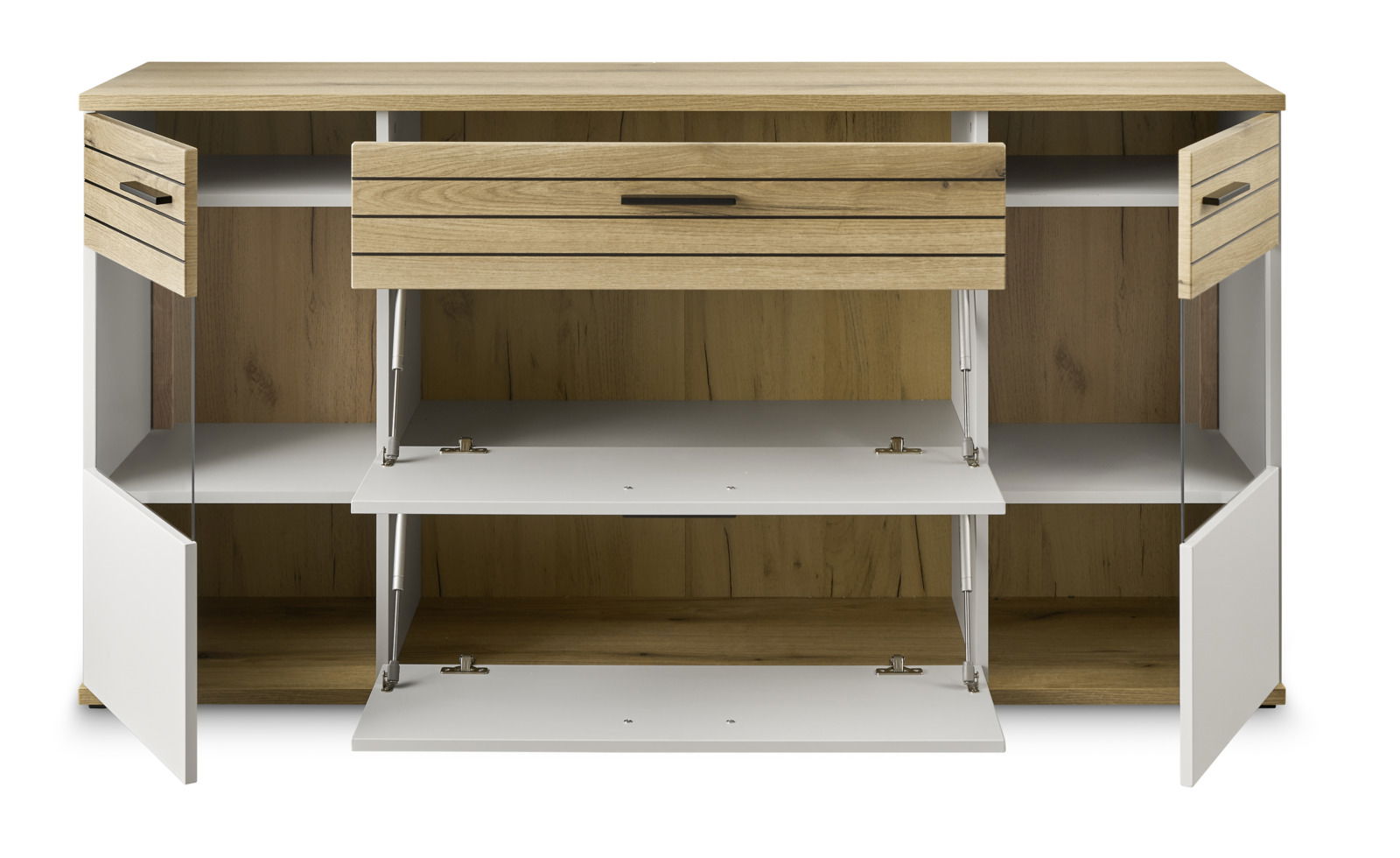 Frontale Ansicht eines Sideboards mit offenen Türen und Schubladen, Holzoptik und weißem Finish.