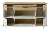 Frontale Ansicht eines Sideboards mit offenen Türen und Schubladen, Holzoptik und weißem Finish.