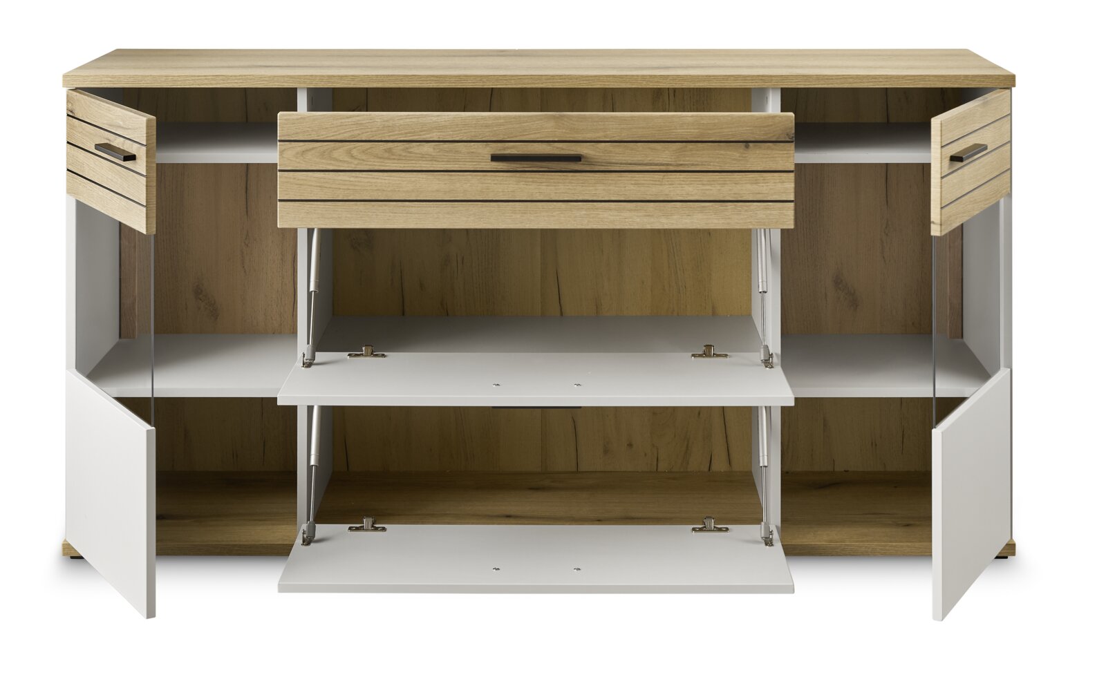 Frontale Ansicht eines Sideboards mit offenen Türen und Schubladen, Holzoptik und weißem Finish.