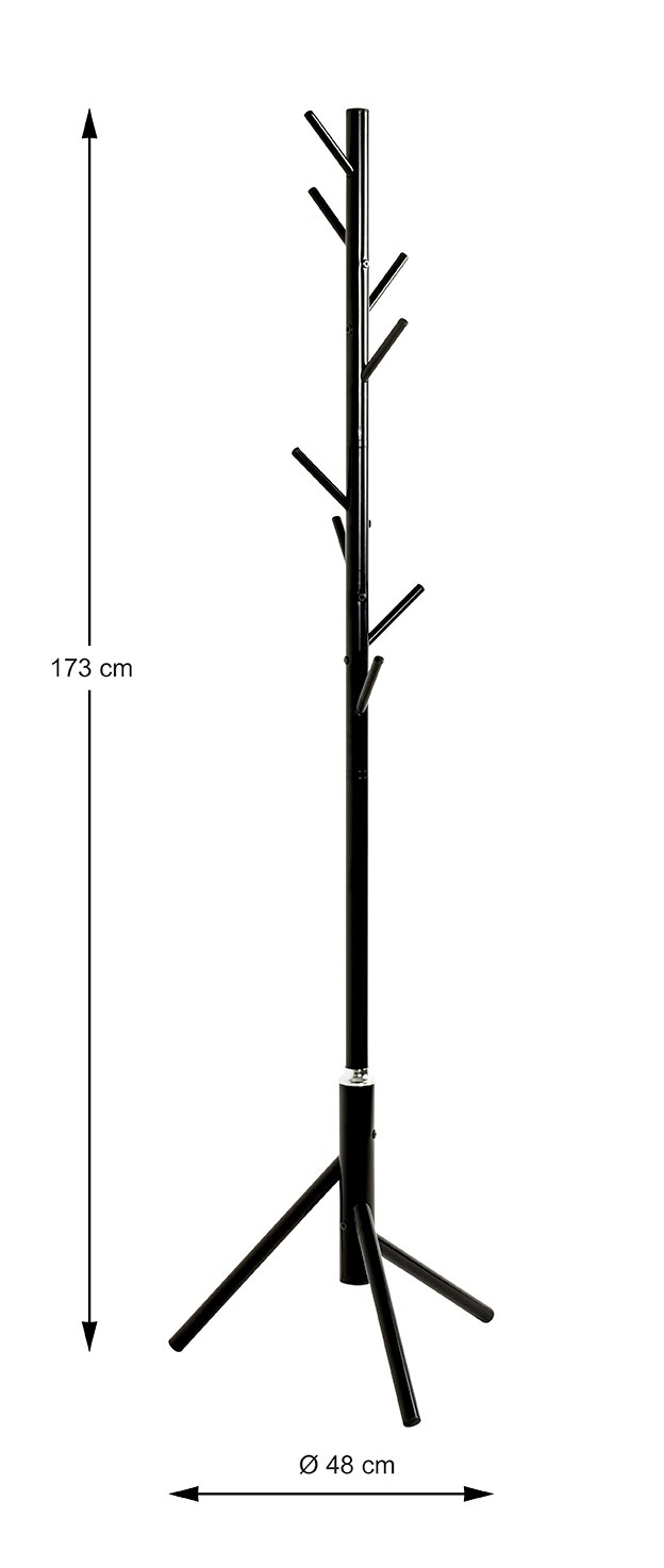 Schwarzer freistehender Garderobenständer/Standgarderobe aus Metall mit mehreren Haken und Dreifuß, Höhe 173 cm und Standdurchmesser 48 cm, frontal in Seitenansicht auf weißem Hintergrund.
