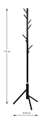 Schwarzer freistehender Garderobenständer/Standgarderobe aus Metall mit mehreren Haken und Dreifuß, Höhe 173 cm und Standdurchmesser 48 cm, frontal in Seitenansicht auf weißem Hintergrund.