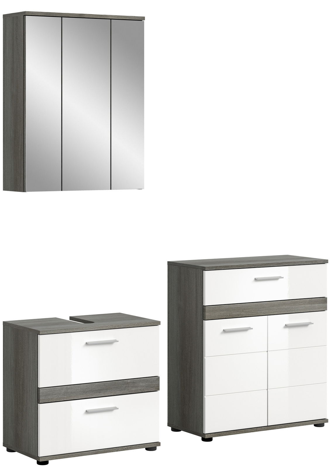 Badezimmermöbel-Set bestehend aus einem dreitürigen Spiegelschrank, einem Waschbeckenunterschrank und einem Hochschrank in moderner Frontansicht.