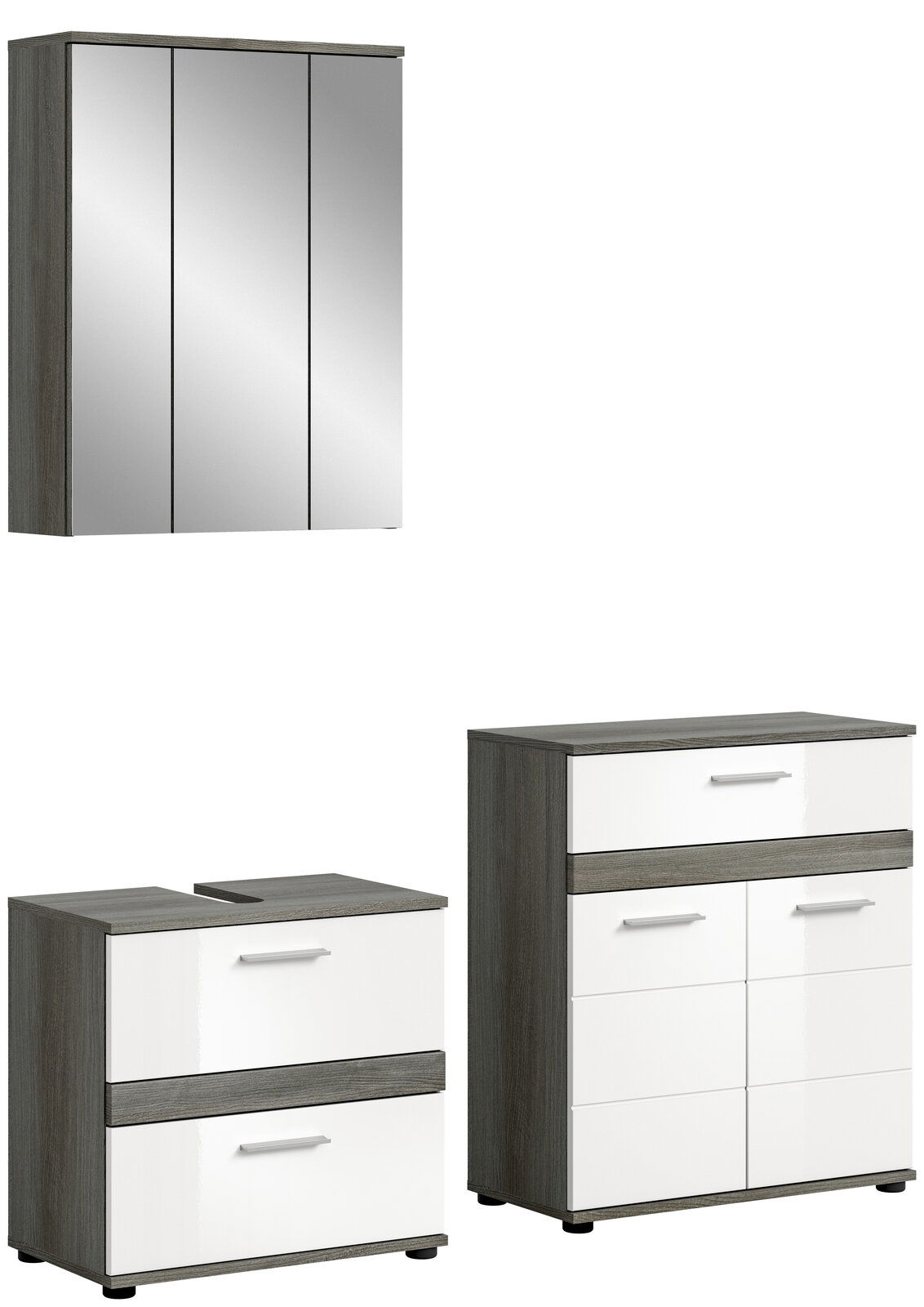 MID.YOU Badkombination BLAKE Badezimmermöbel-Set bestehend aus einem dreitürigen Spiegelschrank, einem Waschbeckenunterschrank und einem Hochschrank in moderner Frontansicht.