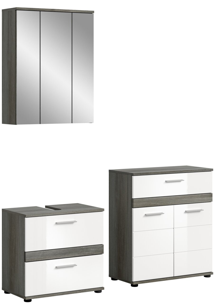 Badezimmermöbel-Set bestehend aus einem dreitürigen Spiegelschrank, einem Waschbeckenunterschrank und einem Hochschrank in moderner Frontansicht.