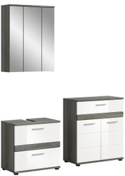 Badezimmermöbel-Set bestehend aus einem dreitürigen Spiegelschrank, einem Waschbeckenunterschrank und einem Hochschrank in moderner Frontansicht.