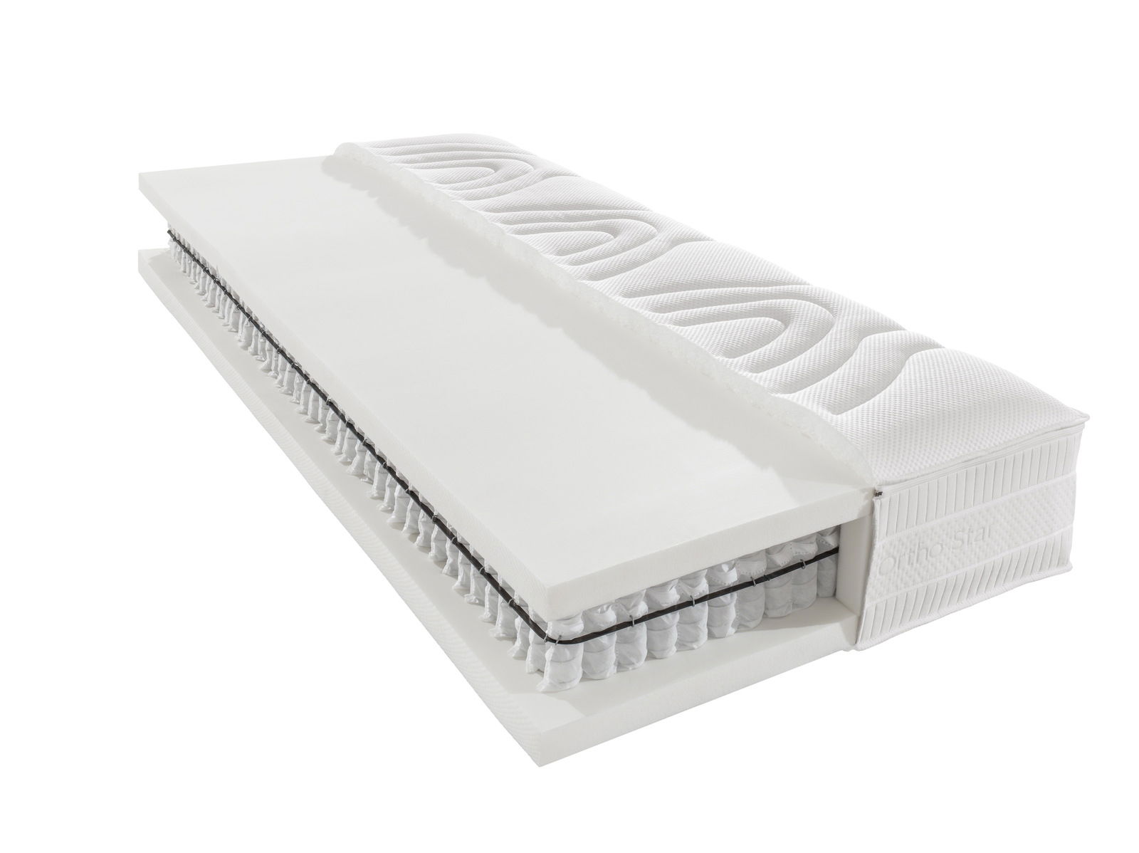 Novel Taschenfederkernmatratze H5 ORTHO STAR DE LUXE T Querschnitt einer Taschenfederkernmatratze H5 mit sichtbaren Schichten und Federkern, seitliche Perspektive
